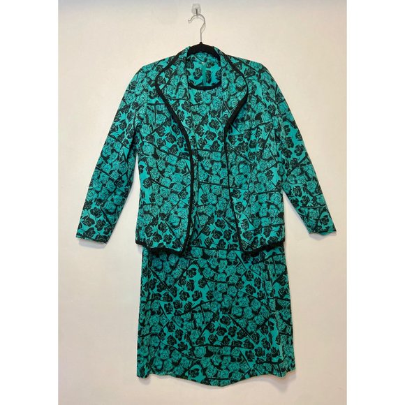 Vintage 2-piece Green & Floral Pencil Dress Suit - Picture 1 of 4